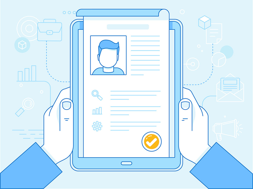 Vector image of hands holding a resume on a tablet