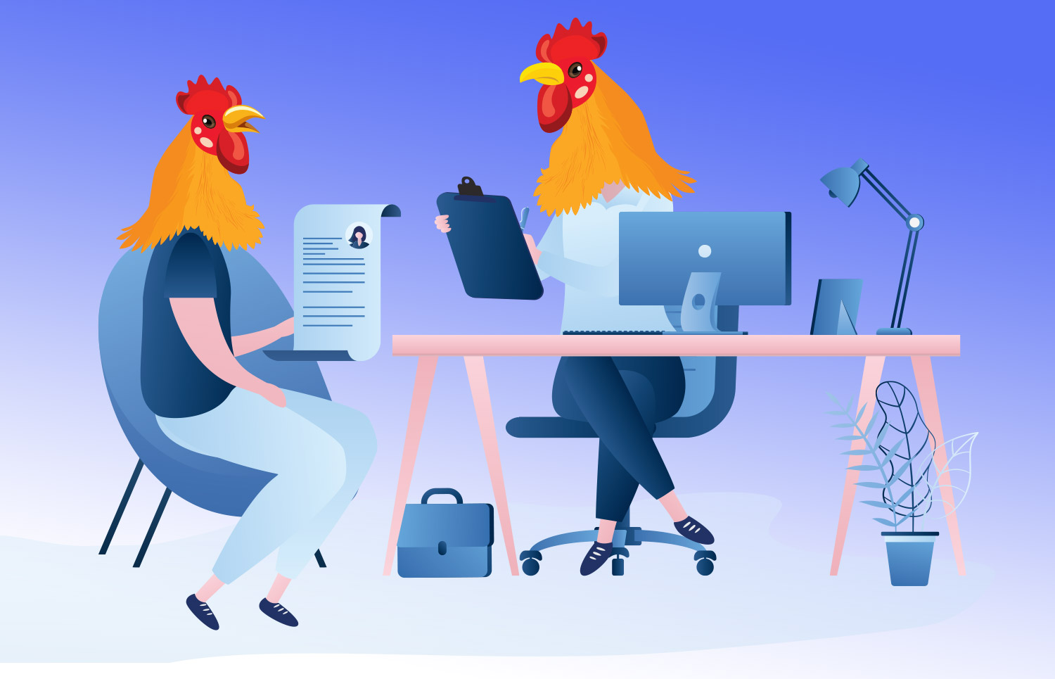 Illustration of Two Chickens in an Interview