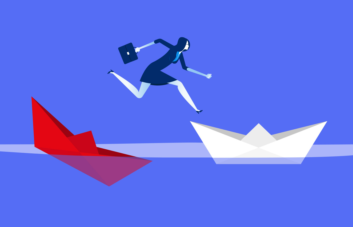 Vector Image of a Woman Jumping Across Paper Hat Boats