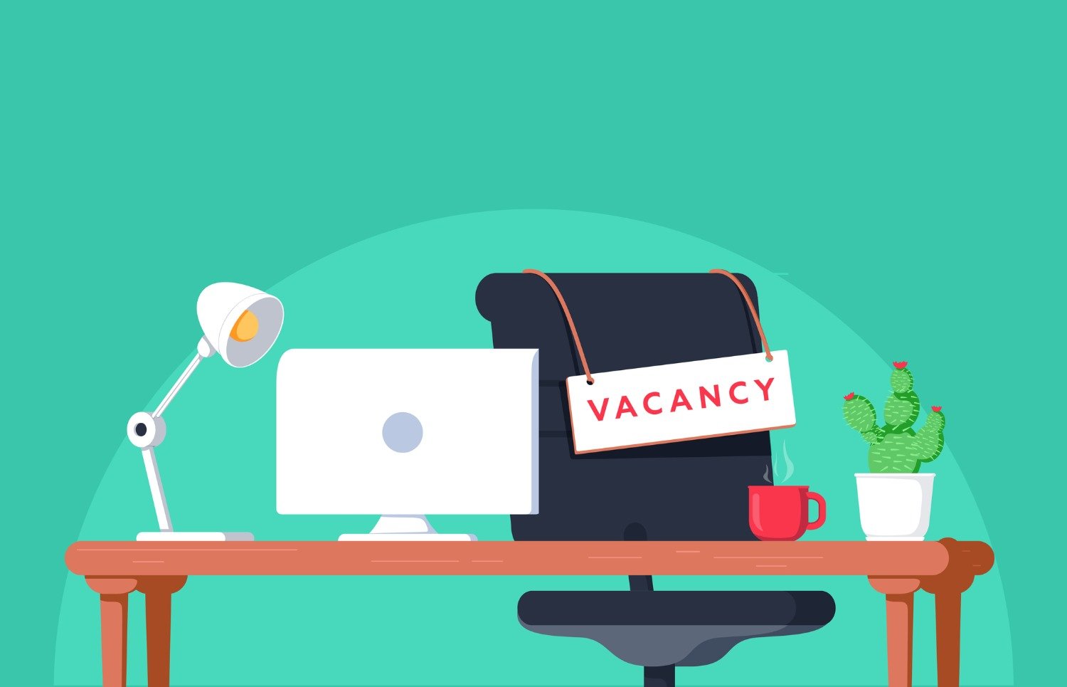 Vector-style image of an office desk with a sign that reads "vacancy"