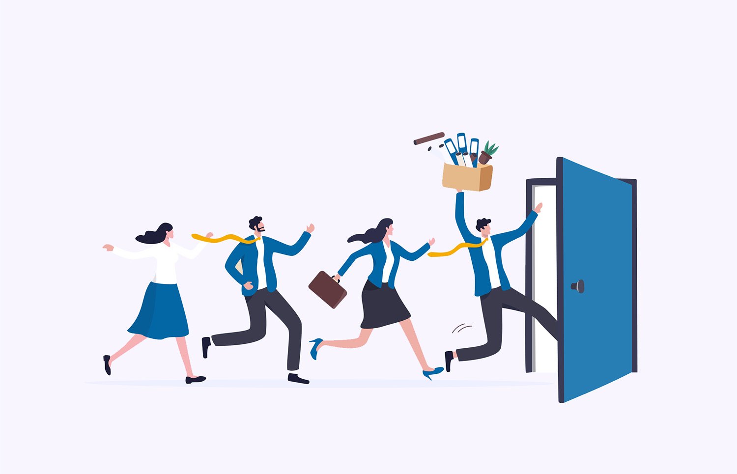 Vector image of 4 candidates running out of an open door