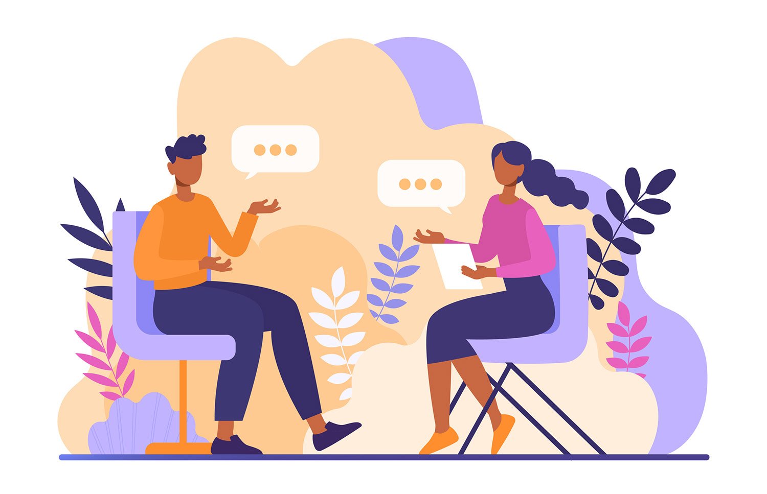 Vector picture of two people sitting in chairs engaging in a conversation