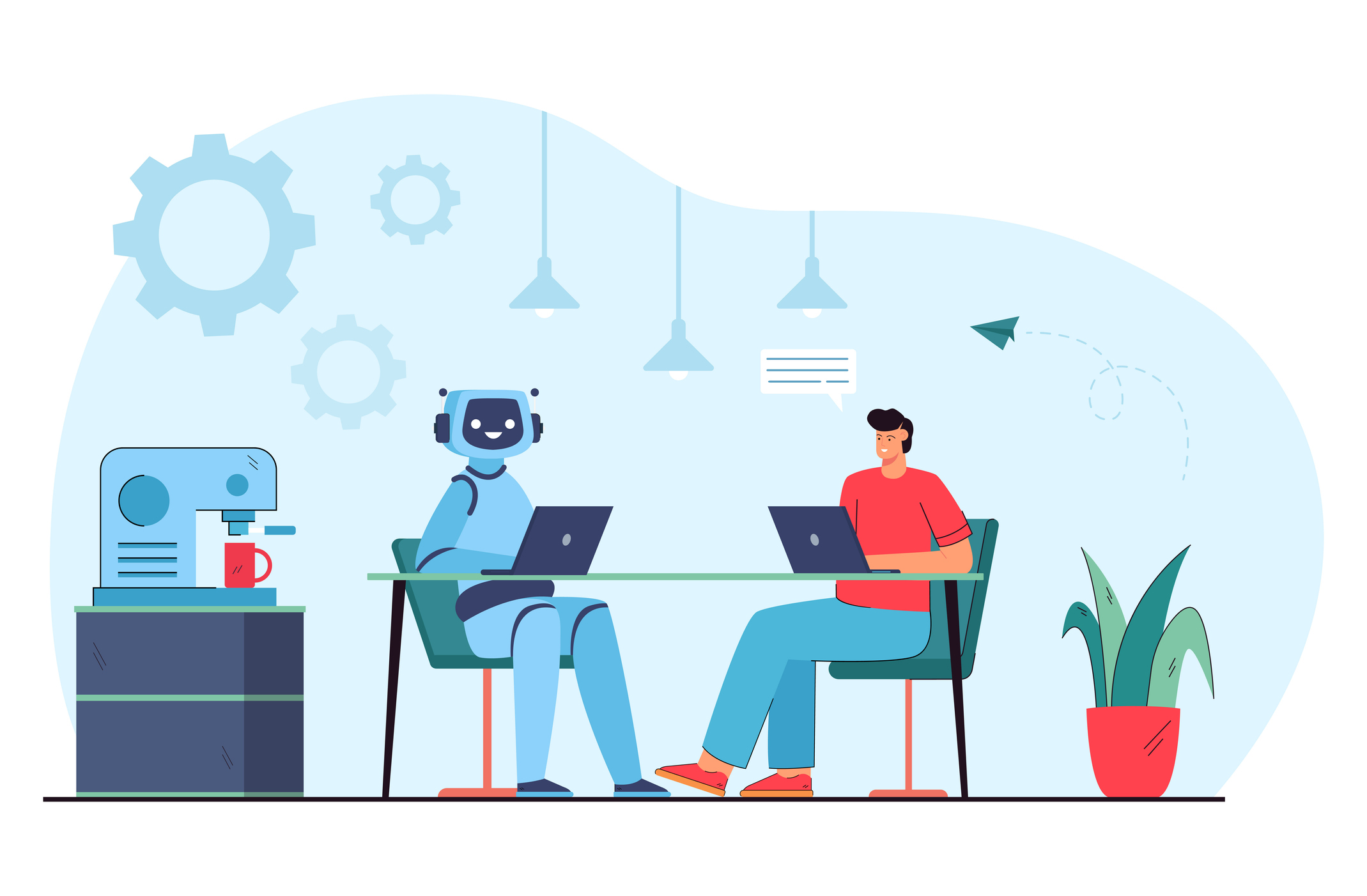 a human and a robot writing a job description for AI recruitment