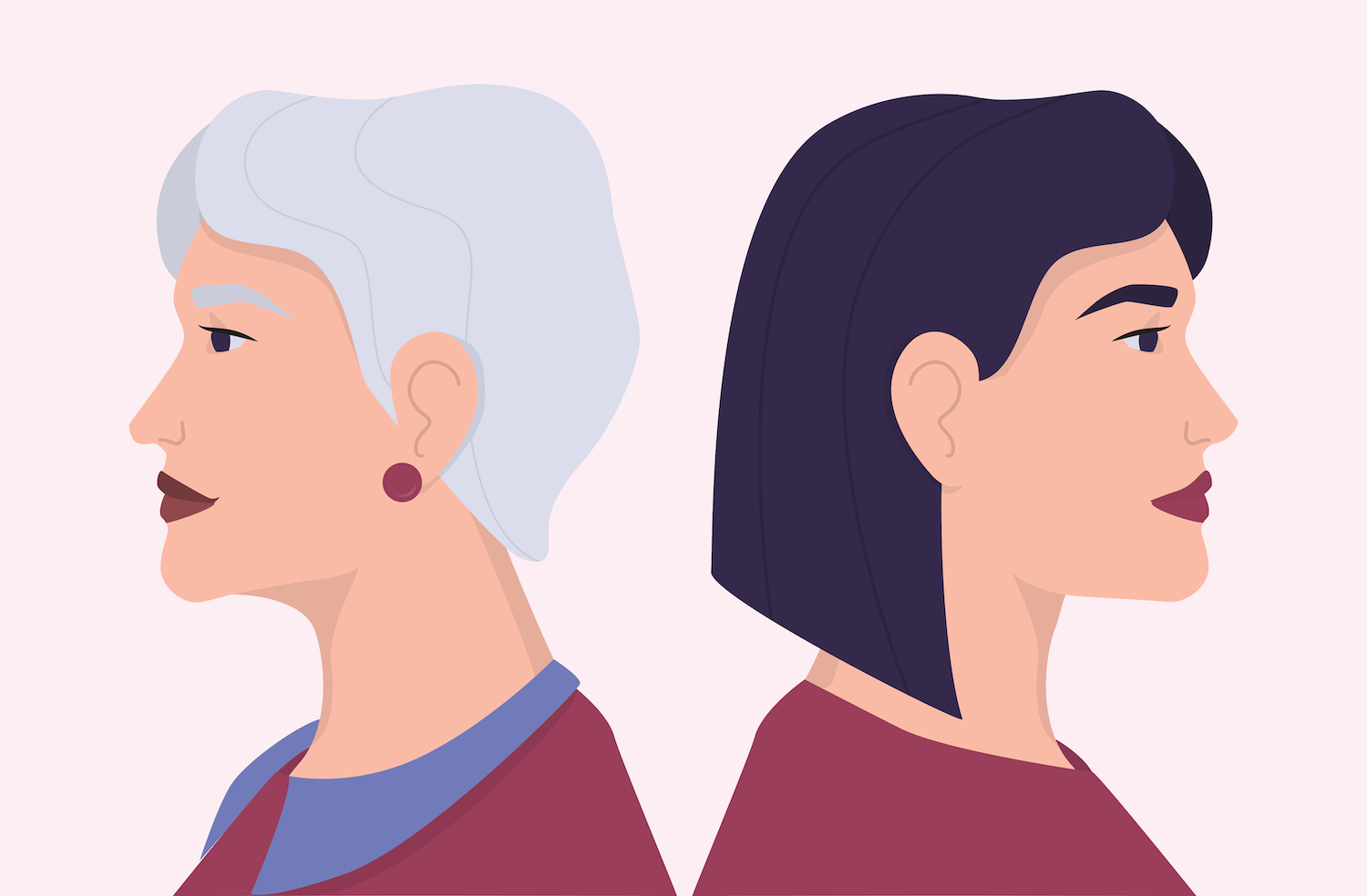 Young and old woman faces in profile . Young and elderly person, age diversity. Generation gap concept. Vector Flat Illustration