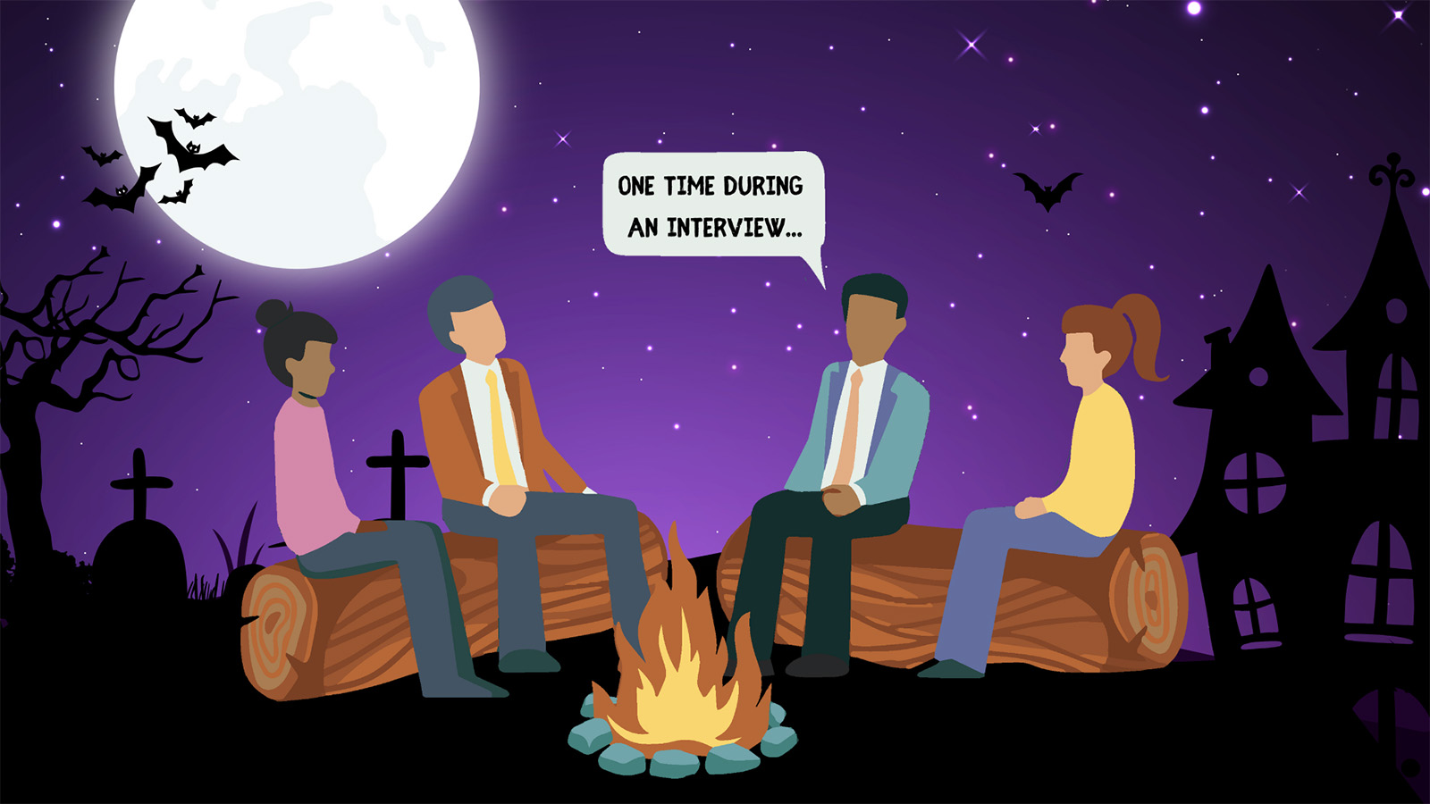 Illustration of interview Horror Stories being told around a campfire